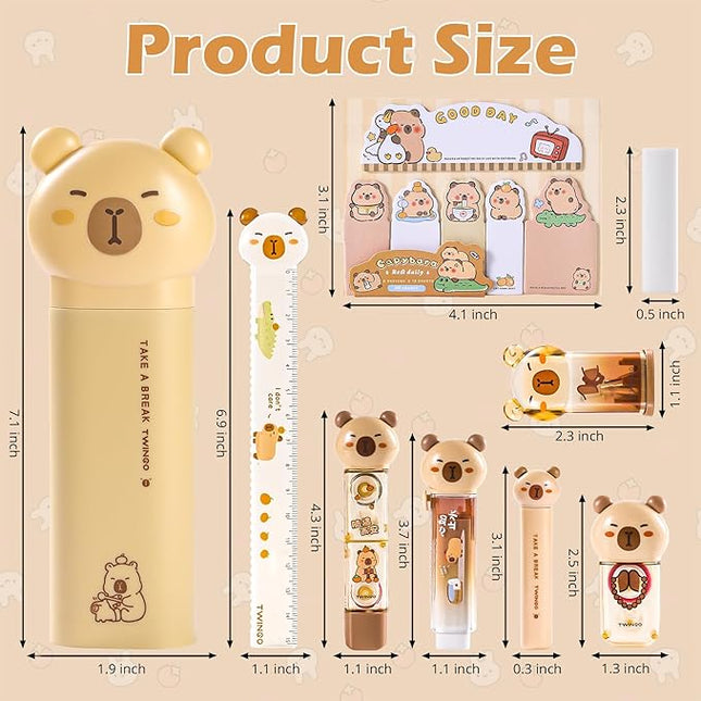 9 Pcs Cute Capybara Stationary Set Kawaii School Supplies Japanese Stationery, Includes Pencil Sharpener, Eraser, Correction Tape, Glue Tape, Sticky Notes, Ruler, Scissors for Office School Supplies