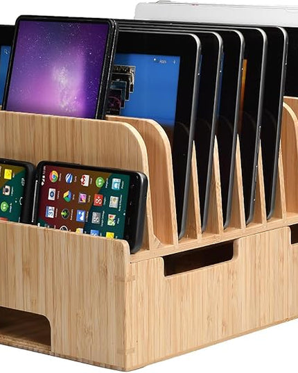MobileVision Bamboo 12-Port Charging Station & Docking Organizer for Smartphones & Tablets, Family-Sized, for use in Corporate Offices & Classrooms