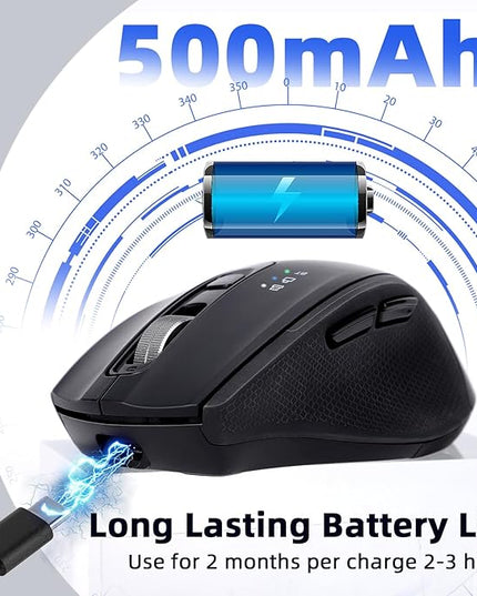 Wireless Mouse with Bluetooth, USB-A, USB-C Receiver, Rechargeable, Full-Size Mouse, Silent, Ergonomic, for MacBook/Laptop/Computer/PC/iPad-Black