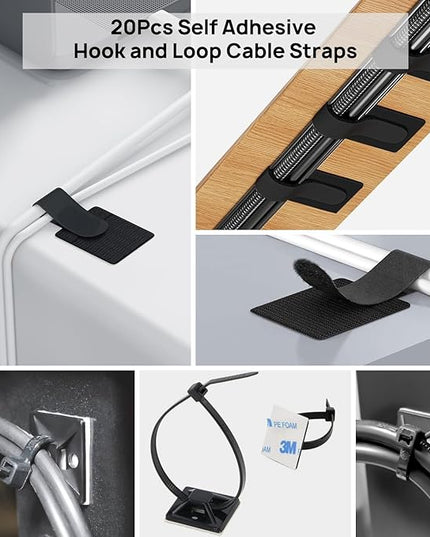 Cable Management Kit - 4 Cable Sleeve, 57 Self Adhesive Cable Clips, 12 Hanging Strips, 12 Cable Organizer Straps and 100 Fastening Cable Ties for TV Computer Under Desk (Black and White)