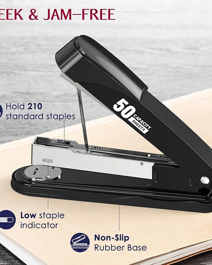 Metal Stapler Heavy Duty 50 Sheet Capacity with 1750 Staples and Staple Remover, Full Strip Staplers for Desk, No Jam, Non-Slip for Office & Classroom, Black