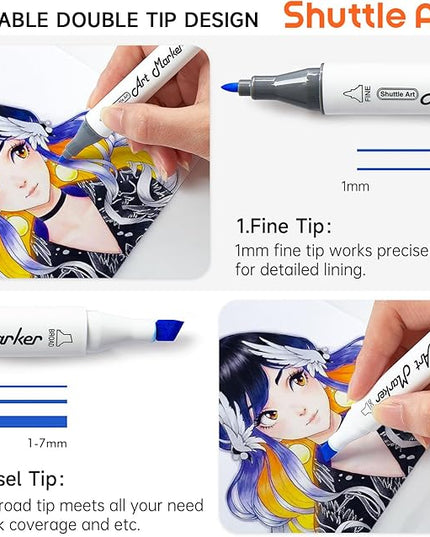 Shuttle Art 310 Colors Alcohol Markers, 309 Colors Dual Tip Art Marker Set Plus Colorless Blender, Micro-tip Pens, White Highlighter Pens, Marker Bag with Holders Perfect for Students Adults Coloring