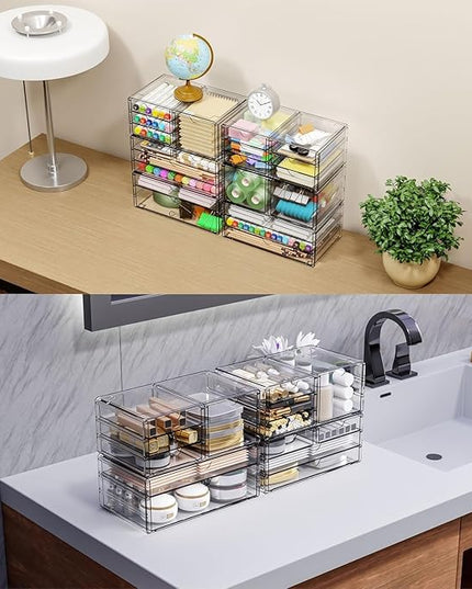 Yieach 3Pack Clear Drawer Organizers Stackable,Acrylic Storage Drawers With 10 Drawers,Multipurpose Office Supply Organizer and Makeup Organizer for Beauty,Craft,Pen,Medical,Stationary Desk Organizers