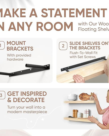 Homeforia 24 inch Wood Floating Shelves, High End Solid Natural Wood 24inch Floating Shelf for Wall, Unfinished Wooden 24 inches Floating Shelves, Heavy Duty Bracket, 24 X 6.5 X 1.75 in, Set of 2