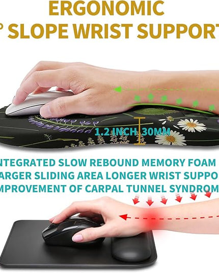 Hokafenle Ergonomic Mouse Pad Wrist Support, Wrist Rest Mousepad for Carpal Tunnel Pain Relief with Integrated Memory Foam Slope Massage Bulge (11.8x7.9 inch,Flowers