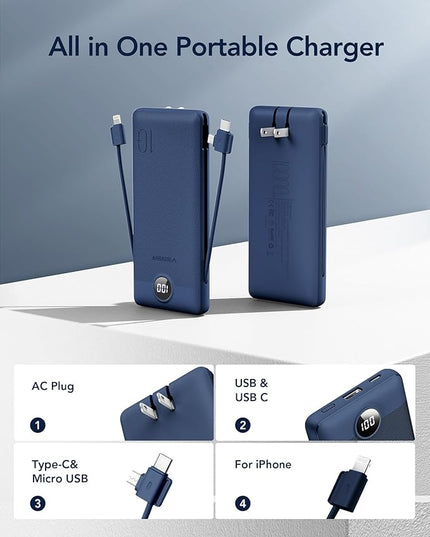 VEGER Portable Charger with Built-in AC Plug and Cables, All in One 10000mAh Ultra Slim Power Bank Travel Essentials, 15W Fast Charging Battery Pack Compatible with iPhone, Samsung, Android (Navy)