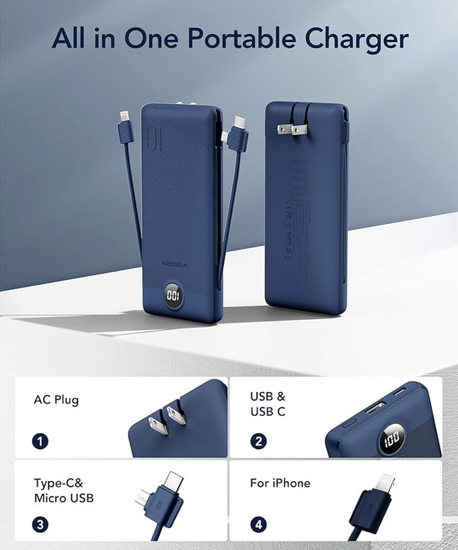 VEGER Portable Charger with Built-in AC Plug and Cables, All in One 10000mAh Ultra Slim Power Bank Travel Essentials, 15W Fast Charging Battery Pack Compatible with iPhone, Samsung, Android (Navy)