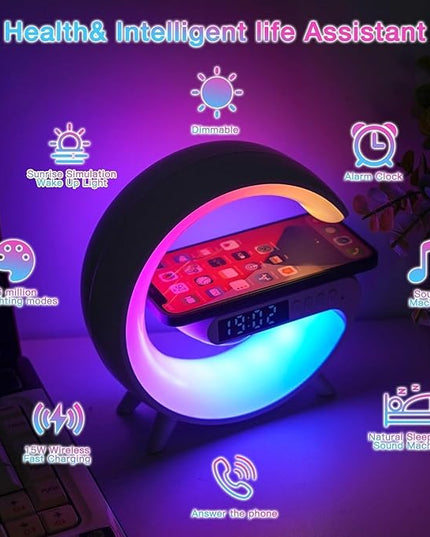 Mini Wireless Speaker with Atmosphere Light, Wireless Charging, Alarm Clock and Bedside Lamp (White)