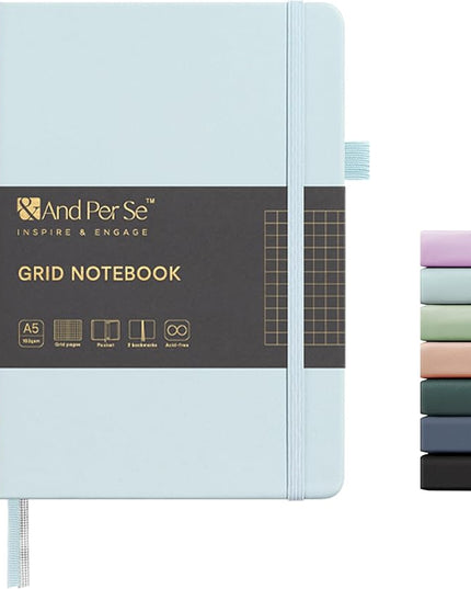 &And Per Se Graph Journal Notebook, 160 Pages, 5.7 x 8 inches College Ruled Thick Paper Notebook Journals for Writing, Grid Hardcover Notebook(1 Pack, cyan)
