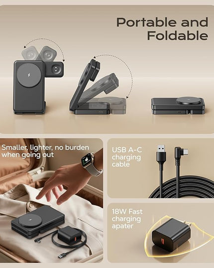 3 in 1 Magnetic Charging Station, 15W Fast Wireless Charger Compatible with MagSafe Charger Stand for iPhone 17 16 15 14 13 12, Apple Watch Charger & AirPods, Foldable Travel Charging Dock, Black
