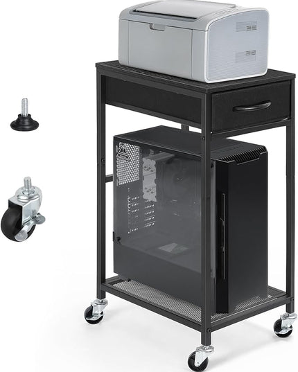 YBING PC Stand 2 Tier Computer Tower Stand with Drawer Mobile Computer Cart with Storage Metal CPU Holder on Wheels Pc Tower Stand Black Rolling Computer Tower Stand Floor for Office