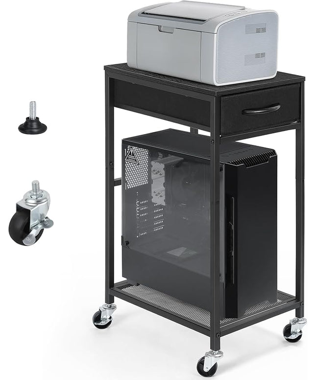 YBING PC Stand 2 Tier Computer Tower Stand with Drawer Mobile Computer Cart with Storage Metal CPU Holder on Wheels Pc Tower Stand Black Rolling Computer Tower Stand Floor for Office