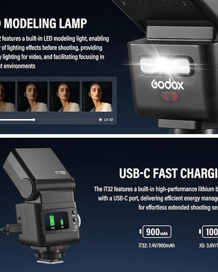 Godox IT32 TTL Camera Flash for Canon with X5C Trigger & Diffuser kit,Magnetic Hotshoe & Trigger 2-in-1,2.4G Wireless,HSS 1/8000s,GN18,LED Modeling Lamp,Colorful Touch Screen,Rotatable Flash Head
