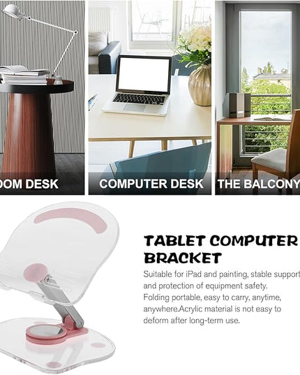 CONGARTENO Adjustable Acrylic Tablet Stand Holder for Desk and Travel, 360° Rotatable Folding Pink Tablet Holder Compatible with Ipad for Home Office Use