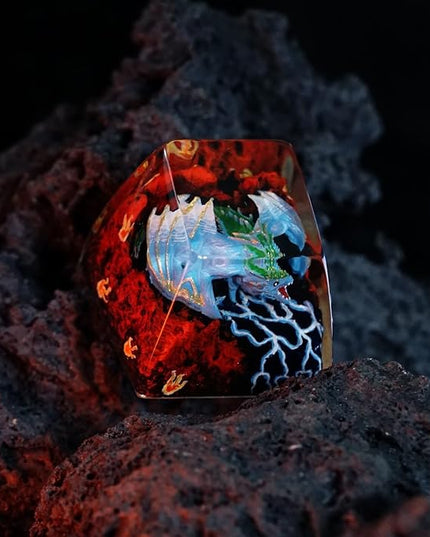Blue Dragon with Volcano Artisan Keycap R1 SA Profile Custom Fantasy Dragon Keycaps 1U ESC Handmade Gaming Resin Key Cap Cherry MX Switch Compatible Mechanical Keyboard Dragon Lover Gift