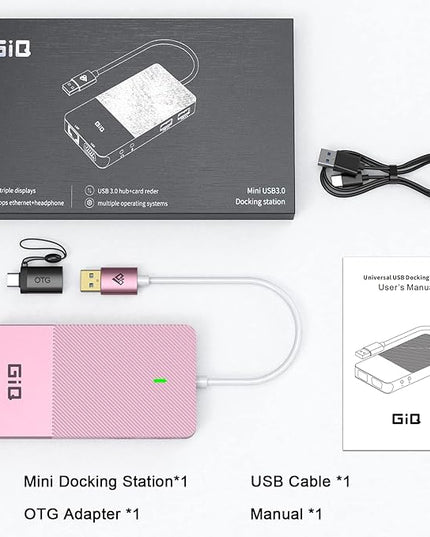 USB Docking Station GIQ USB C HUB USB 3.0 to Dual HDMI VGA Adapter Triple Display USB C Laptop Docking Station Dual Monitor HDMI Splitter Extender Compatible with MacBook M1 M2 USB Dock-Rose Gold