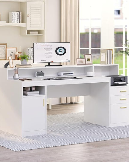 Computer Desk with 3 Drawer & Storage Shelves, Home Office Desk with File Drawer & Cabinet, Writing Study Table with Long Monitor Stand & Printer Shelf, Executive Desk, White