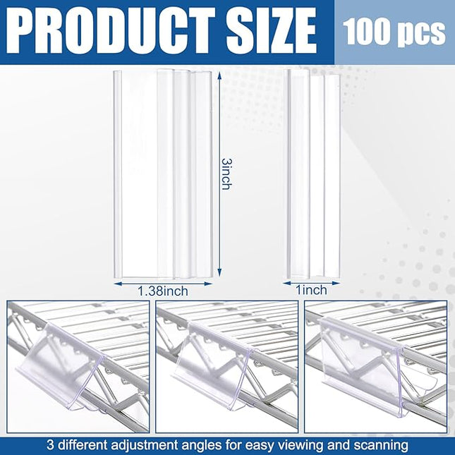Kathfly 100 Pack Wire Shelf Label Holders Shelf Cable Tags for Wire Shelving 3 Viewing Angles 3" Adjustable Clear Plastic Rack Label Holder Retail Clips Compatible with 1-1/4in Metro Shelving
