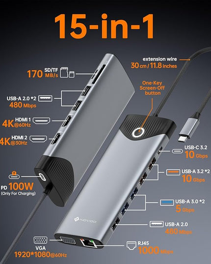 NOVOO USB C Docking Station Dual Monitor HDMI 4K 60Hz, 15-in-1 DisplayPort, VGA, 100W PD Charging, 10Gbps USB-C/USB-A, Ethernet, SD/TF, Audio – Compatible with MacBook, Dell, HP, Lenovo, Surface