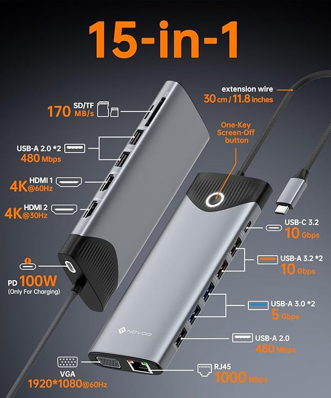 NOVOO USB C Docking Station Dual Monitor HDMI 4K 60Hz, 15-in-1 DisplayPort, VGA, 100W PD Charging, 10Gbps USB-C/USB-A, Ethernet, SD/TF, Audio – Compatible with MacBook, Dell, HP, Lenovo, Surface