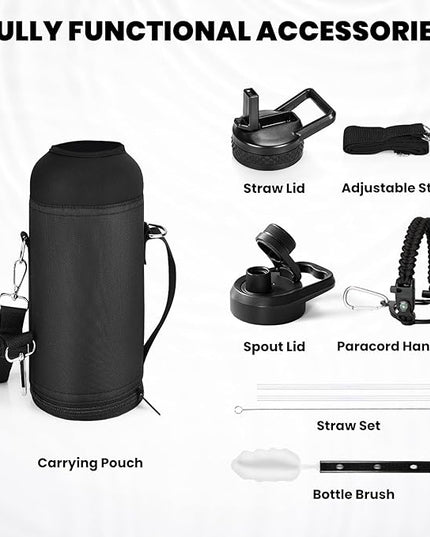 Insulated Water Bottle 32 oz, Triple Wall Vacuum Stainless Steel (Cold for 48 Hrs), Leak Proof & Non-BPA, Modern Water Flask Jug with Paracord Handle & Straw Spout Lids, Magic Black