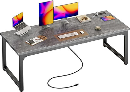 Huuger 63 x 24 inch Desk with Power Outlets & USB-C, Deeper & Thicker Desktop, Robust Metal Tubes, Computer Desk, Heavy Duty Office Desk, Work Gaming Desk, for Home Office, Grey