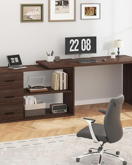 HSH 360 Rotating L Shaped Desk with Drawers, Walnut L Shape Computer Desk with Storage Cabinet Shelves, Rustic Home Office Desk for Executive Writing Study Work, Swivel Desk Wood Table, 55 Inch