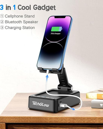 TechGlow Foldable Cellphone Stand with Bluetooth Speaker and Charging Function Birthday Gifts for Men Women Mother Father Boy Girl Teens Cool Tech Gadgets