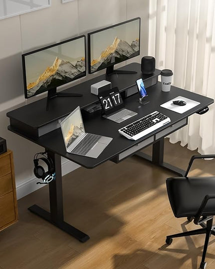Electric Standing Widened Desk 63 * 30 Inches Adjustable Height with 4 Drawers, Double Storage Shelves Stand Up Desk, Home Office Workstation Sit Stand up Desk (Classical Black)