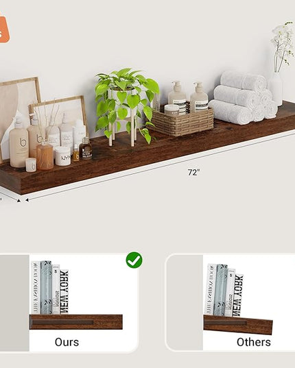 Heimlove 12 Inch Deep Floating Shelves, 72 x 12 inches Long Wall Shelf, Large Extra Display Shelf & Storage Shelf, Rustic Wood Wall Shelves for Fireplace Mantel, Rustic Brown - 1Pack
