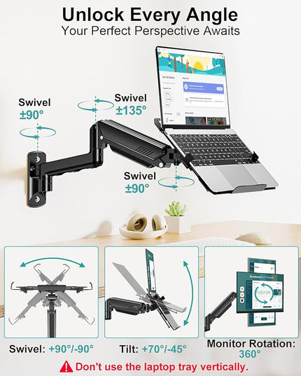 MOUNT PRO Laptop Wall Mount, 2-in-1 Monitor Wall Mount with Vented Tray for 11-17" Notebook/13-32 Computer Screen, Full Motion Adjustable Laptop Holder Stand, Gas Spring Laptop Arm Holds 4.4-22 lbs