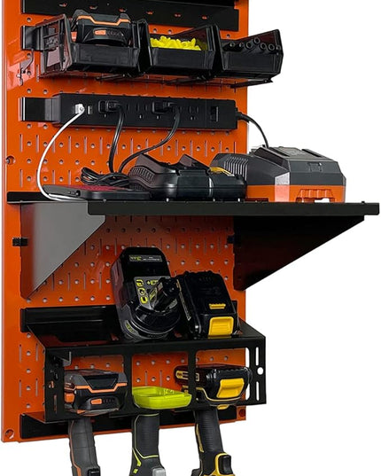 Wall Control Power Tool Storage Organizer Kit Cordless Drill Holder Charging Station Rack 16” x 32” Metal Pegboard Organization System (Orange Pegboard)