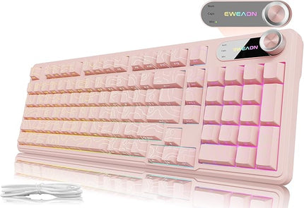 V102 Wired Keyboard, 98 Keys Creamy Gaming Keyboard with Number Pad, Display Screen & Media Knob RGB Silent Wired Cute Computer Keyboard for Laptop PC Gamer - Light Pink