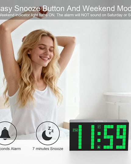 KWANWA Digital Alarm Clock with Auto-Dimmable LED Pixel Display, Weekend Alarm Mode, Plug-in Power with Battery Backup, DST Adjustment, Small Clock for Bedroom Desk (Green LED)