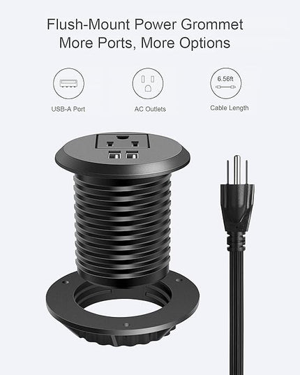 Jgstkcity Desktop Power Grommet, 2 inch, Black, 1 AC Outlet and 2 USB Ports, 6.56ft Cable, Fire Resistant Outer Shell