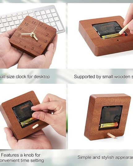 Kattepote Wooden Table Clock on Stand, Decorative Battery Operated Desk and Shelf Clock, Silent Non-Ticking Desktop Clock for Office, Living Room or Bedroom Decor, Square Shape, Sapele Wood