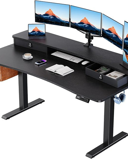 HUANUO 60″ x 30″ Electric Standing Desk with 2 Drawers, C-Clamp Mount Compatible, Height Adjustable Computer Desk, Home Office Stand Up Desk with 4 Preset Heights & 2 Hooks, Black