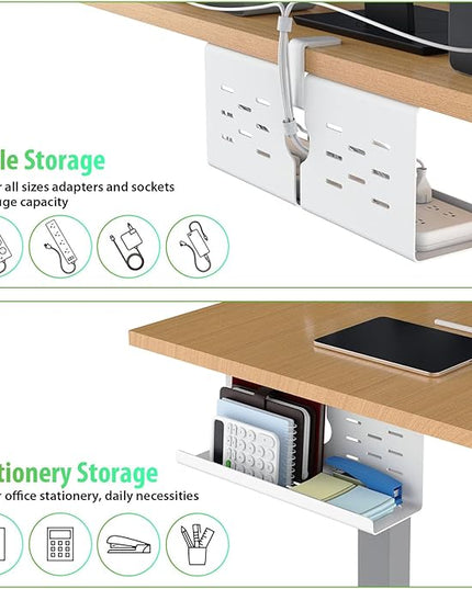 KEEGH 16'' Under Desk Cable Management Tray, Drill Free Clamp/Screws Mount, Sturdy Metal Cable Tray for Place Power Strip, Cord Management Tray Rack, Home, Office, White