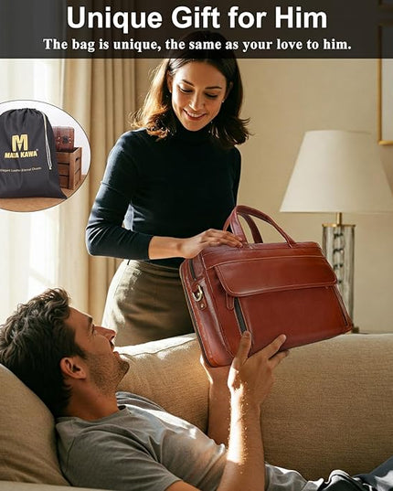 Masa Kawa Leather Briefcase for Men 15.6", 17" Laptop Computer Case Business Travel Work Messenger Cross Body Shoulder Bag