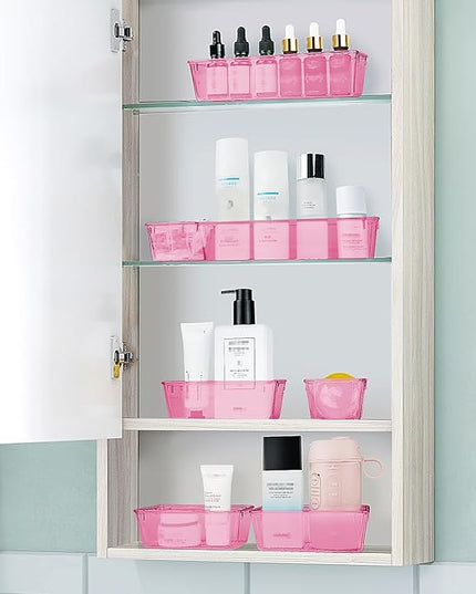 WOWBOX 25 PCS Plastic Drawer Organizer Set, 4 Sizes Desk Drawer Divider Organizers and Storage Bins for Makeup, Jewelry, Gadgets for Kitchen, Bedroom, Bathroom, Office, Clear Pink