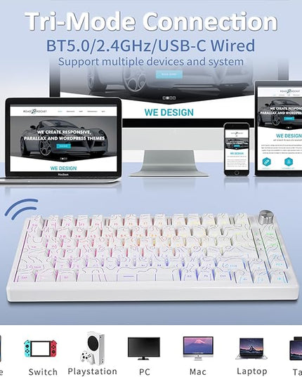 HUO JI 75% Wireless Mechanical Gaming Keyboard, Bluetooth/2.4G/USB Wired, Creamy Sound, RGB Backlit, Hot Swappable Pre-lubed Linear Switches, Volume Knob, Custom Gasket Structure for Win/Mac, White