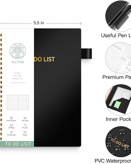 ALLTREE To Do List Notepad Spiral Planner, Daily Task Tracker with Wide Lined Notebooks, Work Planner with Pocket, Pen Loop, 160 Pages, Black (5.5"x8.5")
