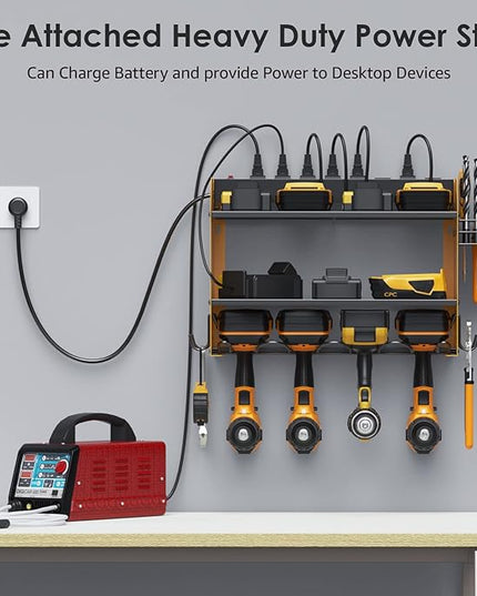 CCCEI Modular Power Tool Organizer Wall Mount with Charging Station. Garage Drill Storage Shelf with Hooks, Heavy Duty Rack, Tool Battery Holder Built in 8 Outlet. Gift for Men. Yellow, 2 Pack.