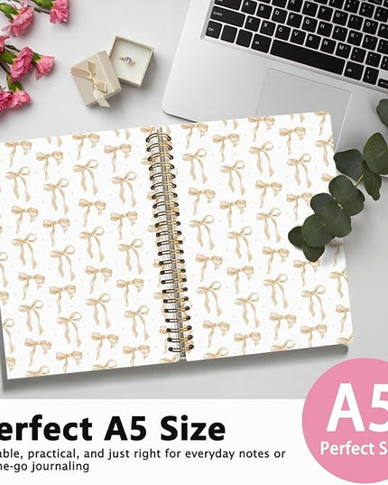 Coquette Beige Bow Notebook Journal, Preppy Aesthetic Journal, Preppy Gifts for Women, Beige Office Supplies, Hardcover Spiral Notebook 80 Sheets -160 Pages 5.5x8.3 Inch