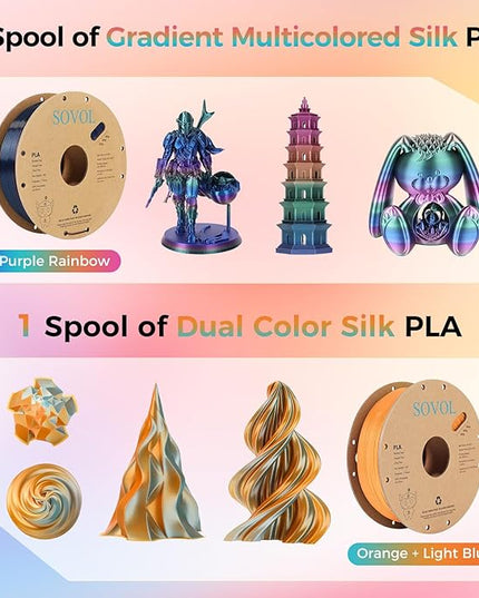 Sovol PLA Filament 6KG, Silk Tri Color & Dual Color Co-Extrusion PLA, Shiny Multicolored Fast Change Rainbow 3D Printer Filament, Matte & Glitter & Glow in The Dark PLA 1.75mm 1kg/ 2.2lbs +/-0.03mm
