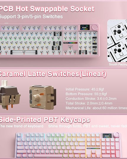 AULA F108 PRO - Wireless Mechanical Keyboard with Screen & Knob,Full Size Keyboard with 8000mAh Battery,Pre-lubed Switches,Side Printed PBT Keycaps,RGB Backlit Hot Swappable Custom Pink Keyboards