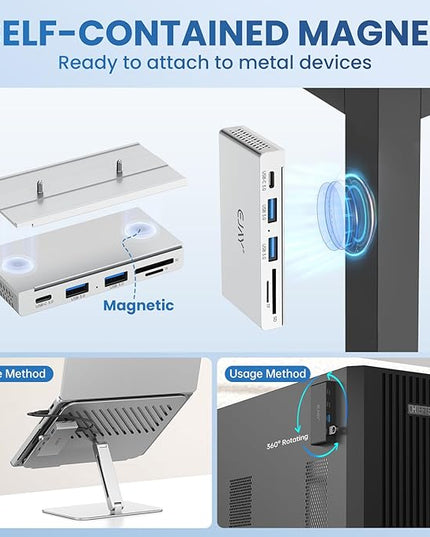 EJAY 5-in-1 Magnetic USB 3.0 Hub with SD/TF Card Reader, 2 USB-A + 1 USB-C Ports, Includes Sliding Rail, Screws & Sticky Pads for MacBook Laptop PC Silver