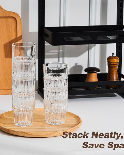 11oz Drinking Glasses Set of 4, Juice Glasses Stackable Tall Glass Mugs for Tea Iced latte Coffee Glass, Beer Glasses, Cocktail Glasses,Water glasses for bar, restaurant