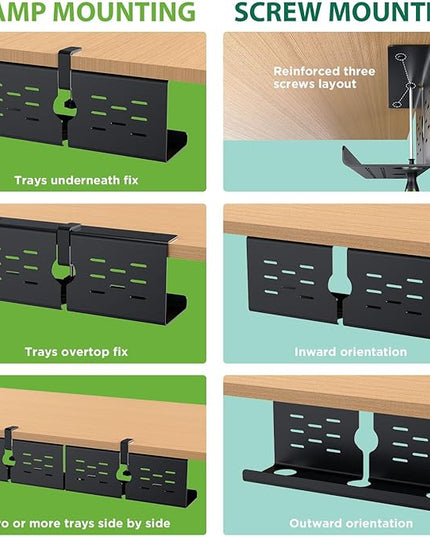 KEEGH 16" Under Desk Cable Management Tray, Desk Cord Organizer Upgrade Capacity, Drill Free Clamp/Screw Mount, Sturdy Metal Tray for Connect Cables, Home, Office, 1 Pack, Black
