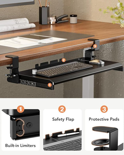 Hemudu Keyboard Tray Under Desk Pull Out with Extra Sturdy C Clamp Mount System, 27.3 (32.5 inch Including Clamps) x 11 Inch Slide-Out Platform Computer Drawer for Typing Black